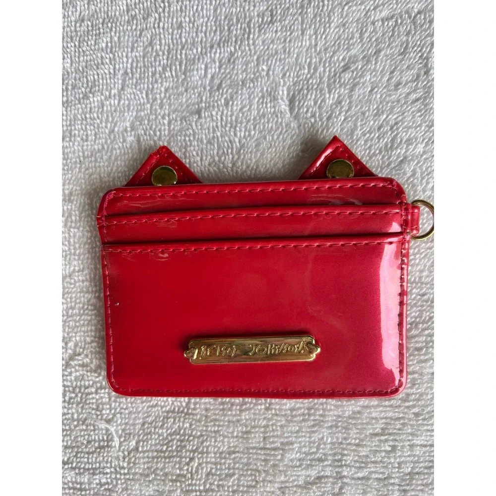 Betsey Johnson Cat Card Holder Hot Pink Studded Faux Patent Leather Y2K Wallet
